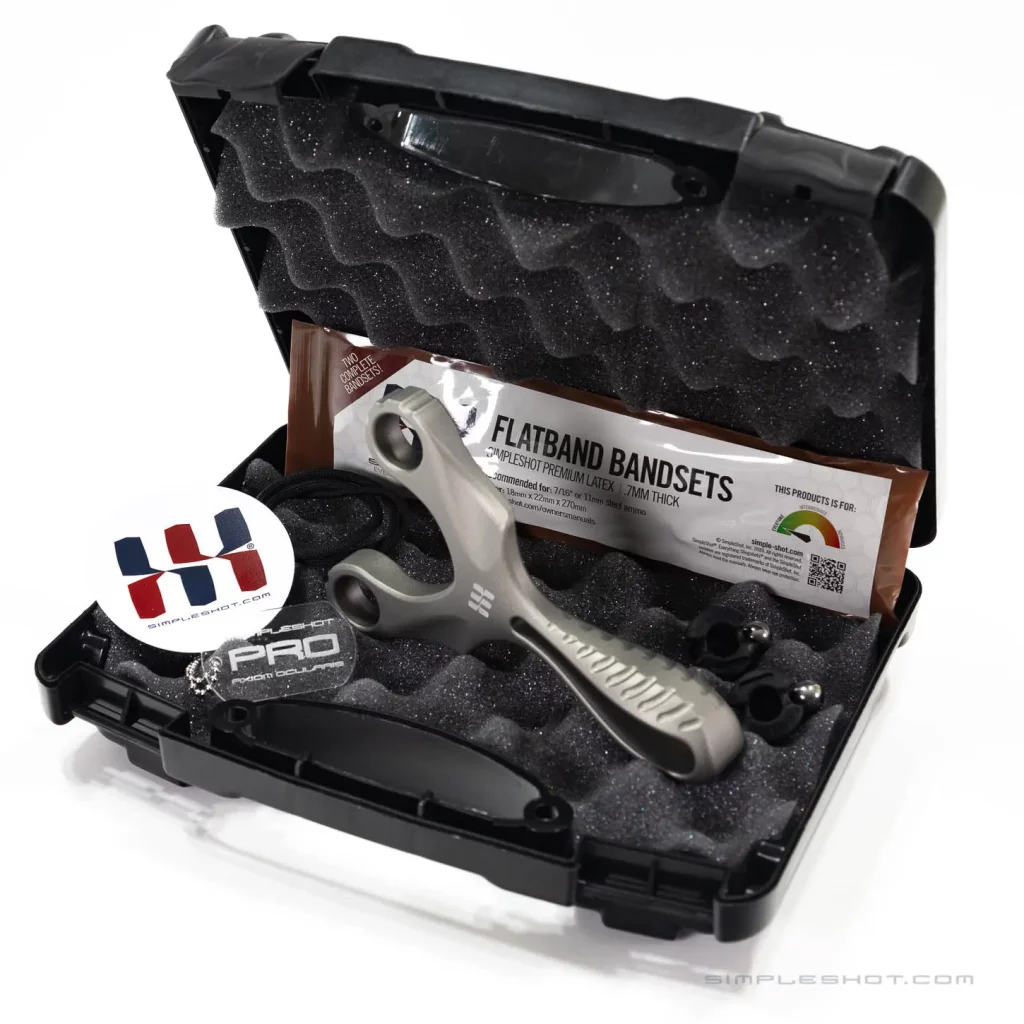 For SImpleshot's TENTH year - The Ocularis Pro Slingshot, in a plastic hard case, with bandsets, sticker and dog tag set. 